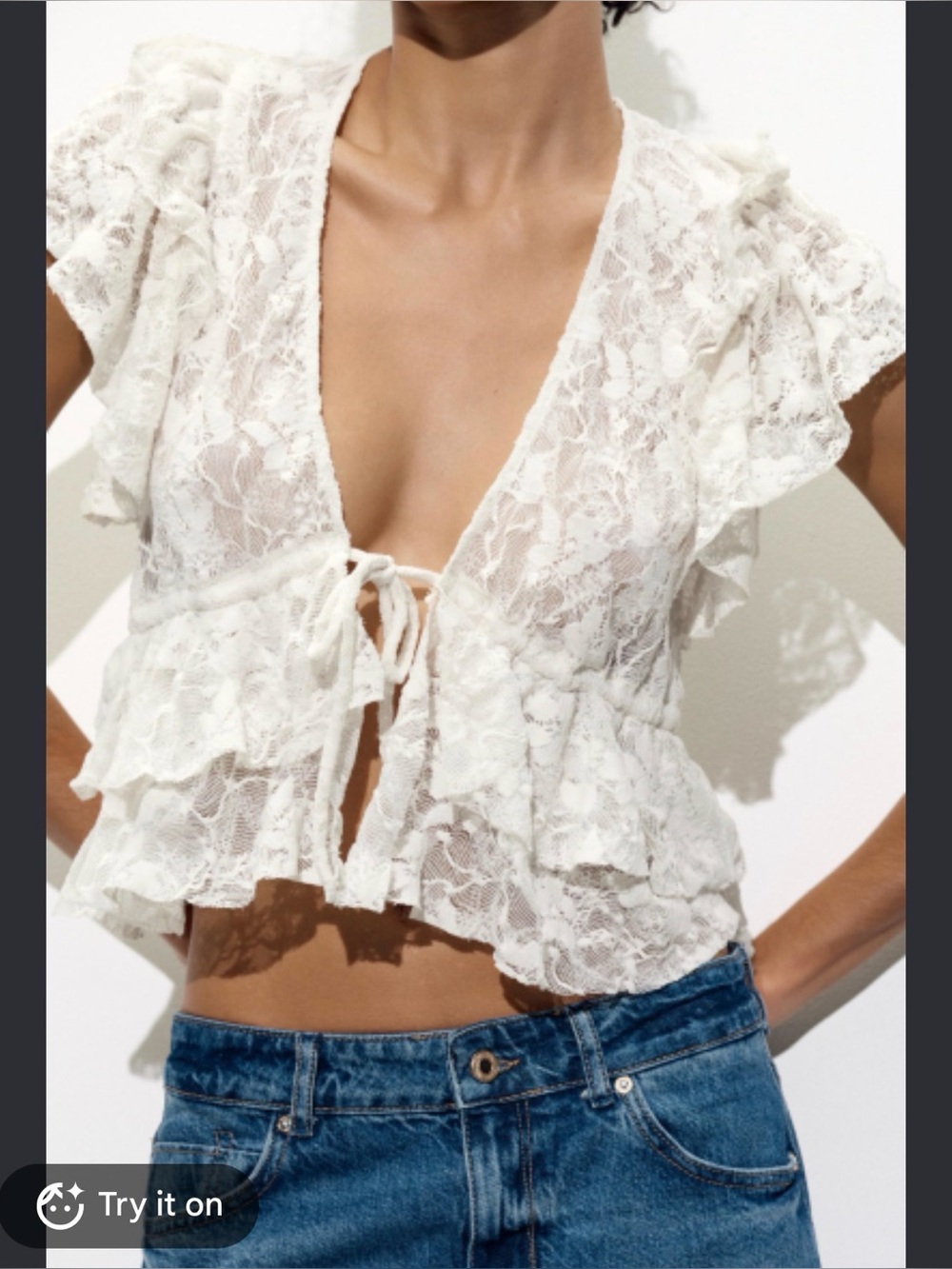 2 for $30 sale: Zara cream ivory lace ruffle top tie in front - M